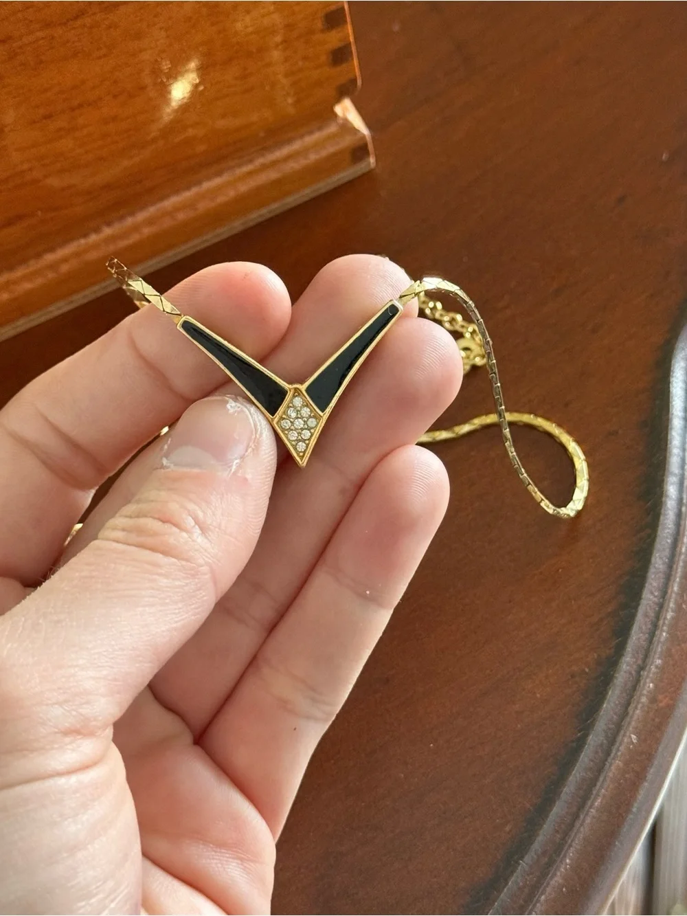 Vintage Christian Dior V-Shaped Pavé Black Enamel Earrings & Necklace Gold Set